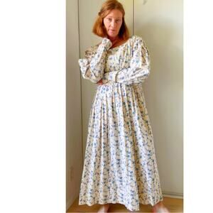Vintage Handmade Cottage Core Prairie Dress Blue Chintz Floral Print Cotton